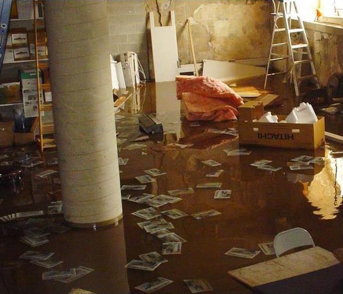 A flooded basement with items floating in water