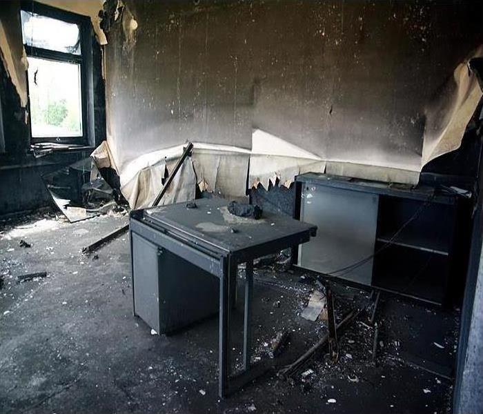 A burnt-out office with desk